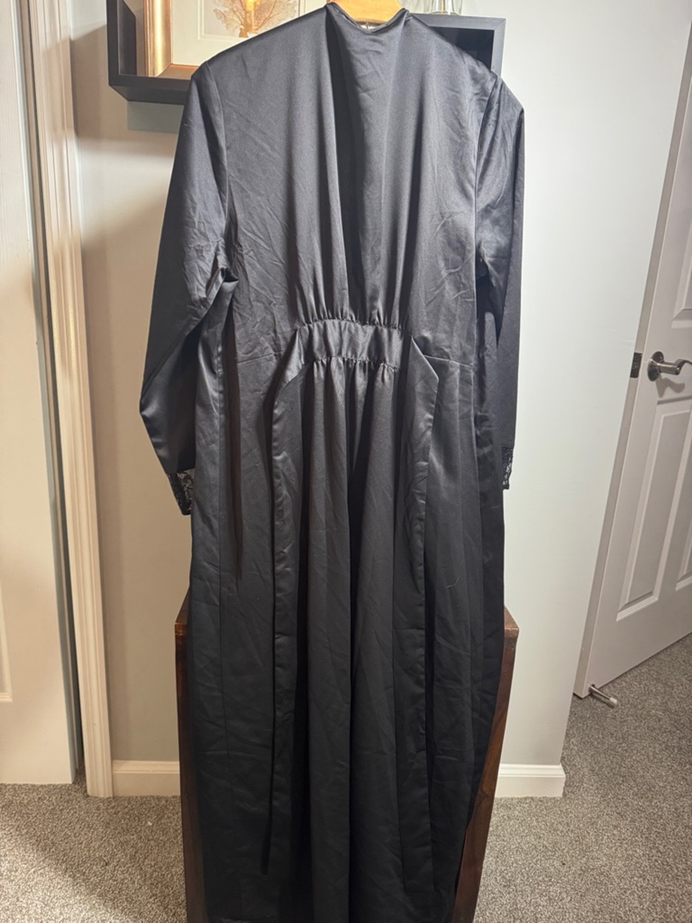 Women's Black Long Satin Feel Robe with Patch Pockets - Picture 3 of 10